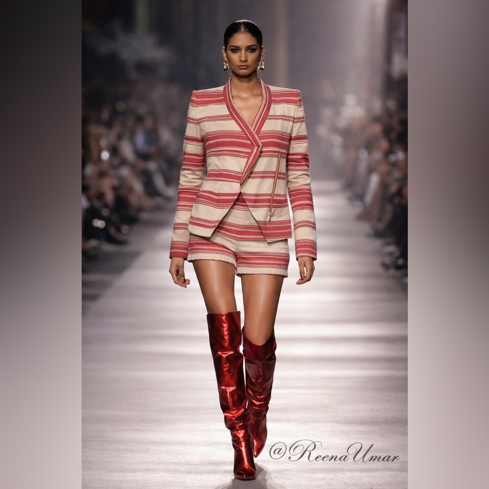 BCBGMAXAZRIA “Abbey” Blazer & “Renee” Striped Shorts Set – Pink/Tan – XXS / XS